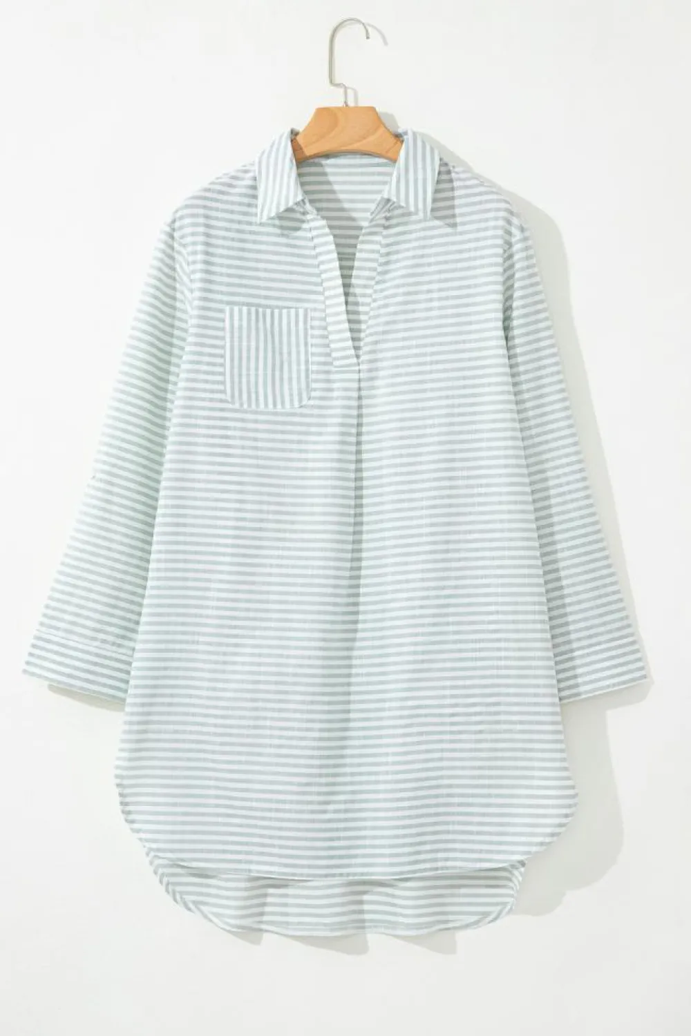 Clearance Dear-Lover Collared V Neck Chest Pocket Long Sleeve Beach Cover up White Stripe