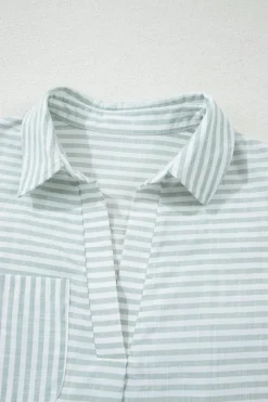 Clearance Dear-Lover Collared V Neck Chest Pocket Long Sleeve Beach Cover up White Stripe