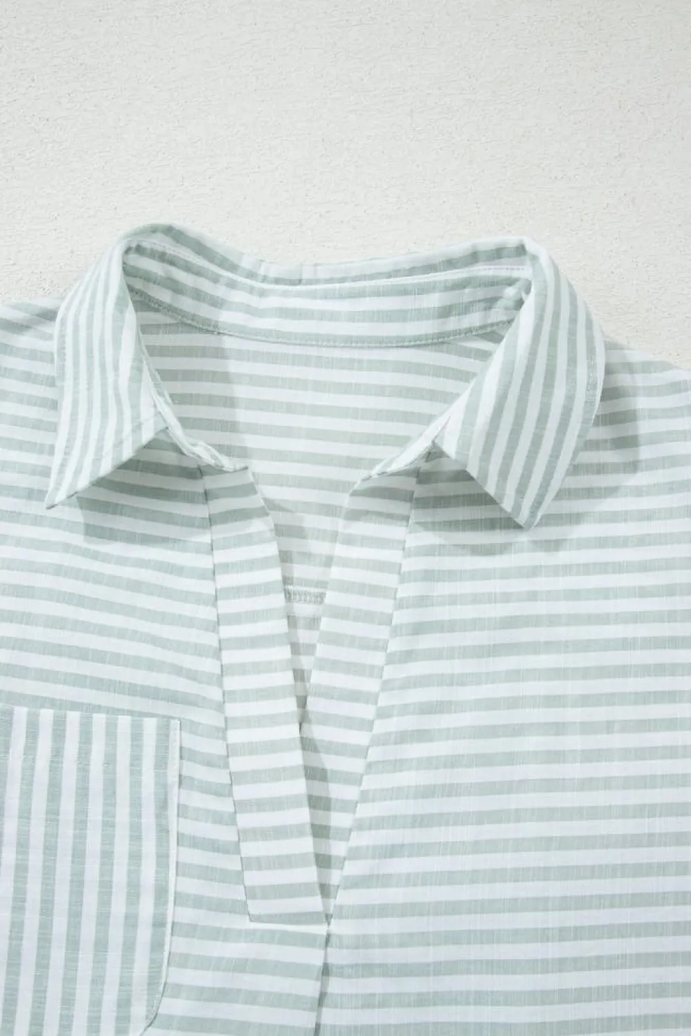 Clearance Dear-Lover Collared V Neck Chest Pocket Long Sleeve Beach Cover up White Stripe