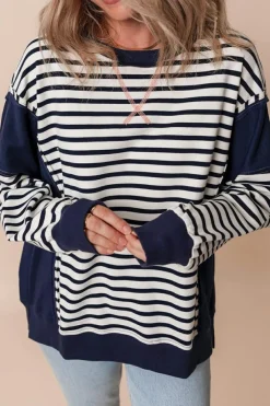 Discount Dear-Lover Color Block Exposed Seam Loose Fit Sweatshirt White Stripe