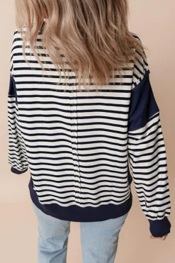Discount Dear-Lover Color Block Exposed Seam Loose Fit Sweatshirt White Stripe