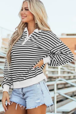 Outlet Dear-Lover Color Block Buttoned Crew Neck Oversized Sweatshirt White Stripe