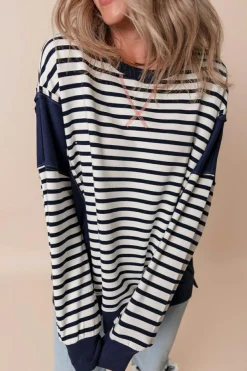 Discount Dear-Lover Color Block Exposed Seam Loose Fit Sweatshirt White Stripe