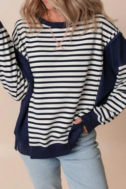 Discount Dear-Lover Color Block Exposed Seam Loose Fit Sweatshirt White Stripe