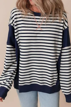 Discount Dear-Lover Color Block Exposed Seam Loose Fit Sweatshirt White Stripe
