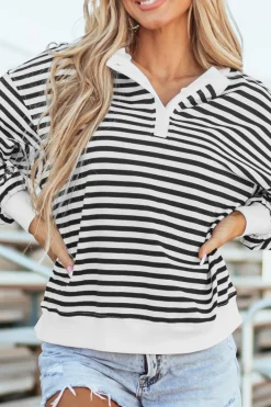 Outlet Dear-Lover Color Block Buttoned Crew Neck Oversized Sweatshirt White Stripe