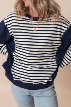 Discount Dear-Lover Color Block Exposed Seam Loose Fit Sweatshirt White Stripe