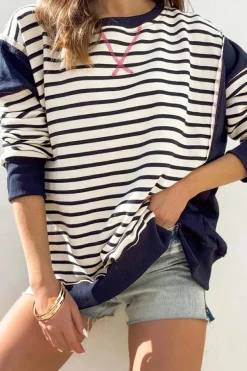 Discount Dear-Lover Color Block Exposed Seam Loose Fit Sweatshirt White Stripe