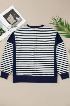 Discount Dear-Lover Color Block Exposed Seam Loose Fit Sweatshirt White Stripe