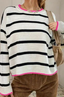 Outlet Dear-Lover Color Contrast Drop Shoulder Crew Neck Sweater White Stripe