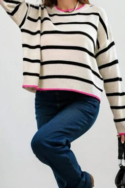 Outlet Dear-Lover Color Contrast Drop Shoulder Crew Neck Sweater White Stripe