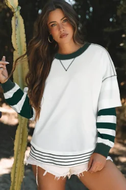 Clearance Dear-Lover Colorblock Sleeve Exposed Seam Fake-2-Piece Sweatshirt White Stripe