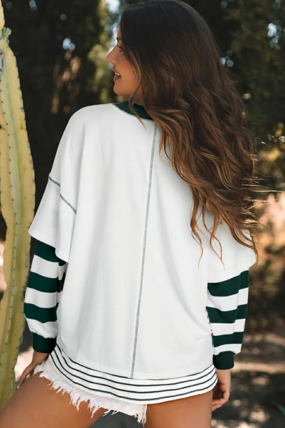 Clearance Dear-Lover Colorblock Sleeve Exposed Seam Fake-2-Piece Sweatshirt White Stripe