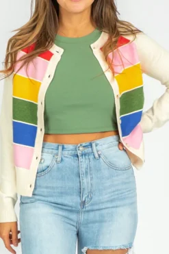 Hot Dear-Lover Colorful Pattern Button Front Sweater Cardigan White Stripe