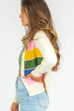 Hot Dear-Lover Colorful Pattern Button Front Sweater Cardigan White Stripe