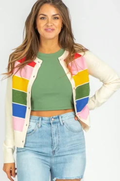 Hot Dear-Lover Colorful Pattern Button Front Sweater Cardigan White Stripe