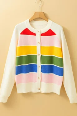 Hot Dear-Lover Colorful Pattern Button Front Sweater Cardigan White Stripe