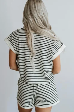 Clearance Dear-Lover Contrast Edge Tee and Shorts Set White Stripe