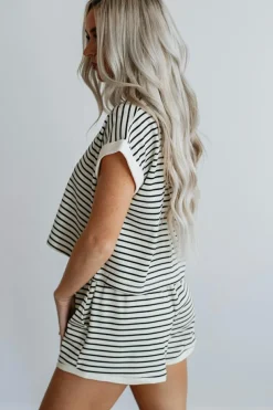 Clearance Dear-Lover Contrast Edge Tee and Shorts Set White Stripe