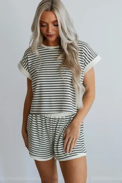 Clearance Dear-Lover Contrast Edge Tee and Shorts Set White Stripe