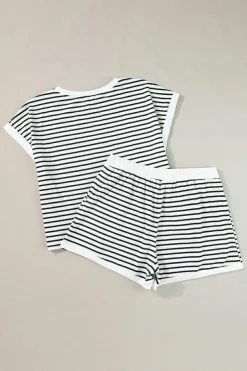 Clearance Dear-Lover Contrast Edge Tee and Shorts Set White Stripe