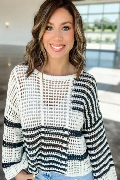 Outlet Dear-Lover Contrast Striped Crochet Puff Sleeve Sweater White Stripe