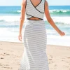 Clearance Dear-Lover Criss Cross Side Slits Slim Fit Sleeveless Midi Dress White Stripe