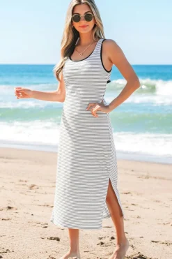 Clearance Dear-Lover Criss Cross Side Slits Slim Fit Sleeveless Midi Dress White Stripe