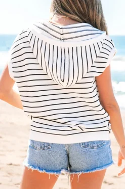 Clearance Dear-Lover Drawstring Hooded Loose Sweater T Shirt White Stripe