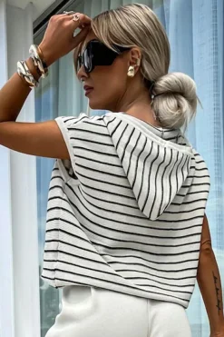 Clearance Dear-Lover Drawstring Hooded Loose Sweater T Shirt White Stripe