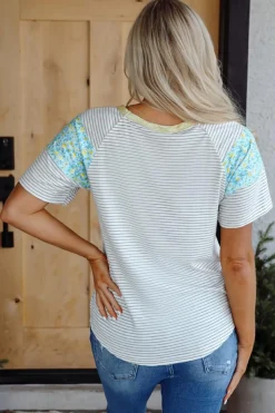 Discount Dear-Lover Floral Insert Sleeves Contrast Round Neck Tee White Stripe