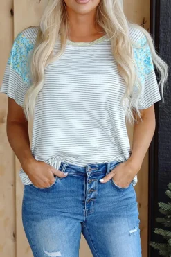 Discount Dear-Lover Floral Insert Sleeves Contrast Round Neck Tee White Stripe