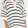 Sale Dear-Lover Henley Buttoned Placket Drop Shoulder Bracelet Sleeve Knit Sweater Tee White Stripe