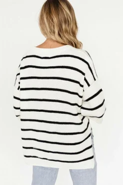 Sale Dear-Lover Henley Buttoned Placket Drop Shoulder Bracelet Sleeve Knit Sweater Tee White Stripe