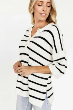 Sale Dear-Lover Henley Buttoned Placket Drop Shoulder Bracelet Sleeve Knit Sweater Tee White Stripe