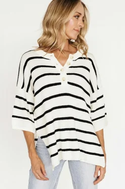 Sale Dear-Lover Henley Buttoned Placket Drop Shoulder Bracelet Sleeve Knit Sweater Tee White Stripe