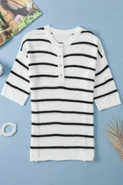 Sale Dear-Lover Henley Buttoned Placket Drop Shoulder Bracelet Sleeve Knit Sweater Tee White Stripe