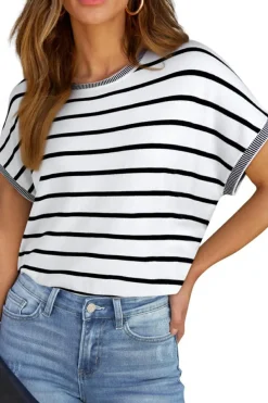 Sale Dear-Lover Knitted Bat Sleeve T Shirt White Stripe