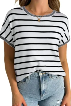 Sale Dear-Lover Knitted Bat Sleeve T Shirt White Stripe