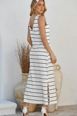 New Dear-Lover Stripe Print Open Back Sleeveless Maxi Dress with Slits White