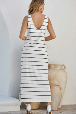 New Dear-Lover Stripe Print Open Back Sleeveless Maxi Dress with Slits White