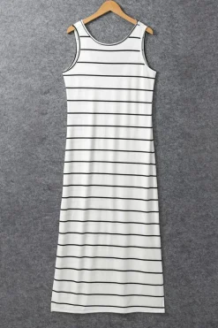 New Dear-Lover Stripe Print Open Back Sleeveless Maxi Dress with Slits White