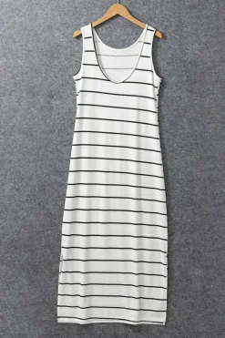 New Dear-Lover Stripe Print Open Back Sleeveless Maxi Dress with Slits White