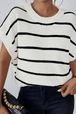 Sale Dear-Lover Round Neck Batwing Sleeve Sweater White Stripe