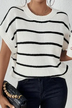 Sale Dear-Lover Round Neck Batwing Sleeve Sweater White Stripe