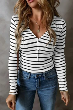 Fashion Dear-Lover Slim Fit Buttoned V Neck Long Sleeve T Shirt White Stripe