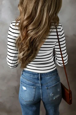 Fashion Dear-Lover Slim Fit Buttoned V Neck Long Sleeve T Shirt White Stripe