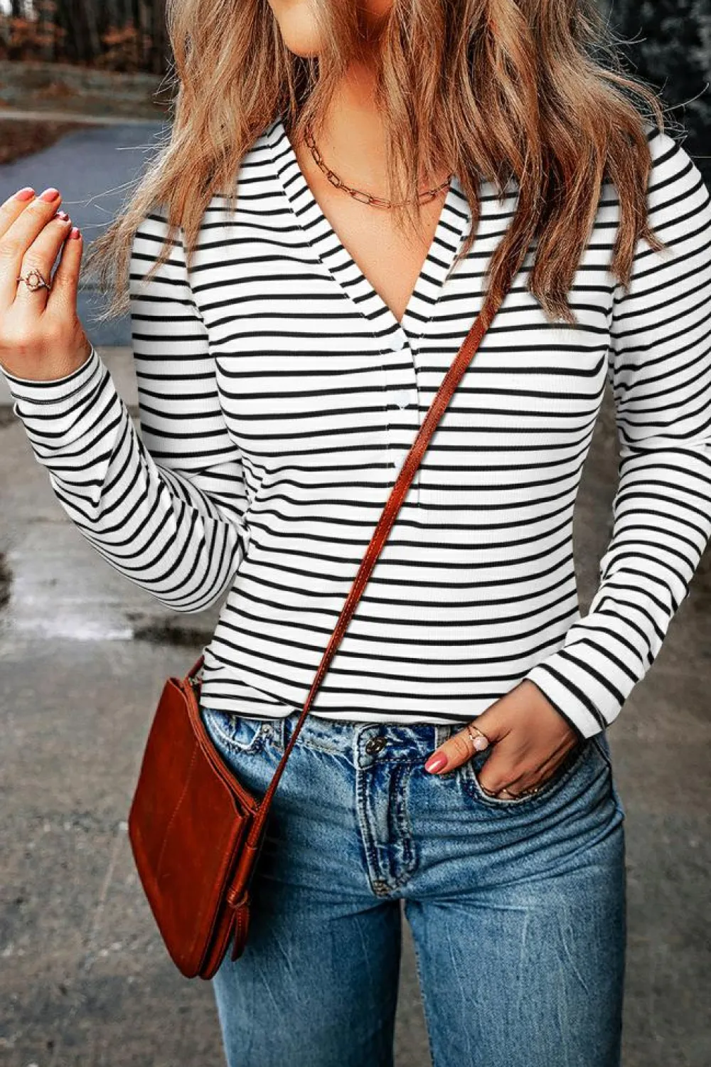 Fashion Dear-Lover Slim Fit Buttoned V Neck Long Sleeve T Shirt White Stripe