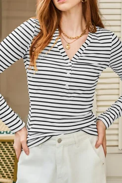 Fashion Dear-Lover Slim Fit Buttoned V Neck Long Sleeve T Shirt White Stripe