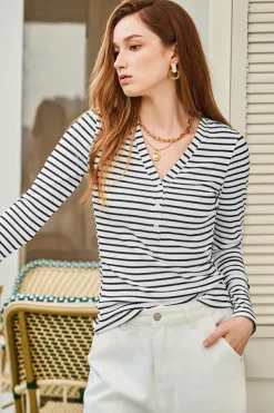 Fashion Dear-Lover Slim Fit Buttoned V Neck Long Sleeve T Shirt White Stripe